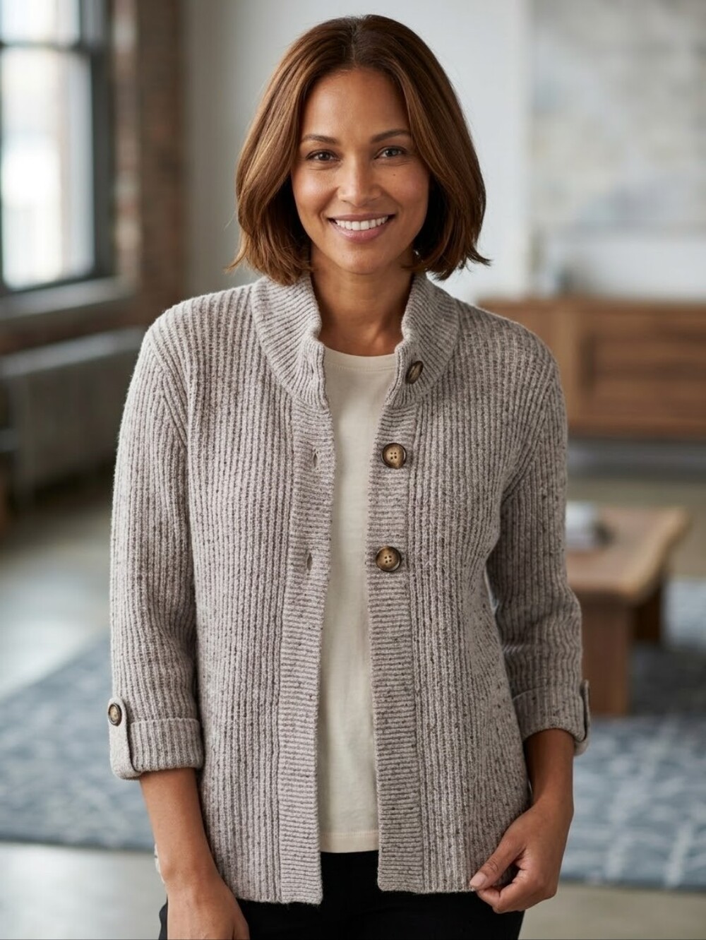 Vintage NorthCrest Gray Ribbed Cardigan – Size Large – Cotton Wool Blend